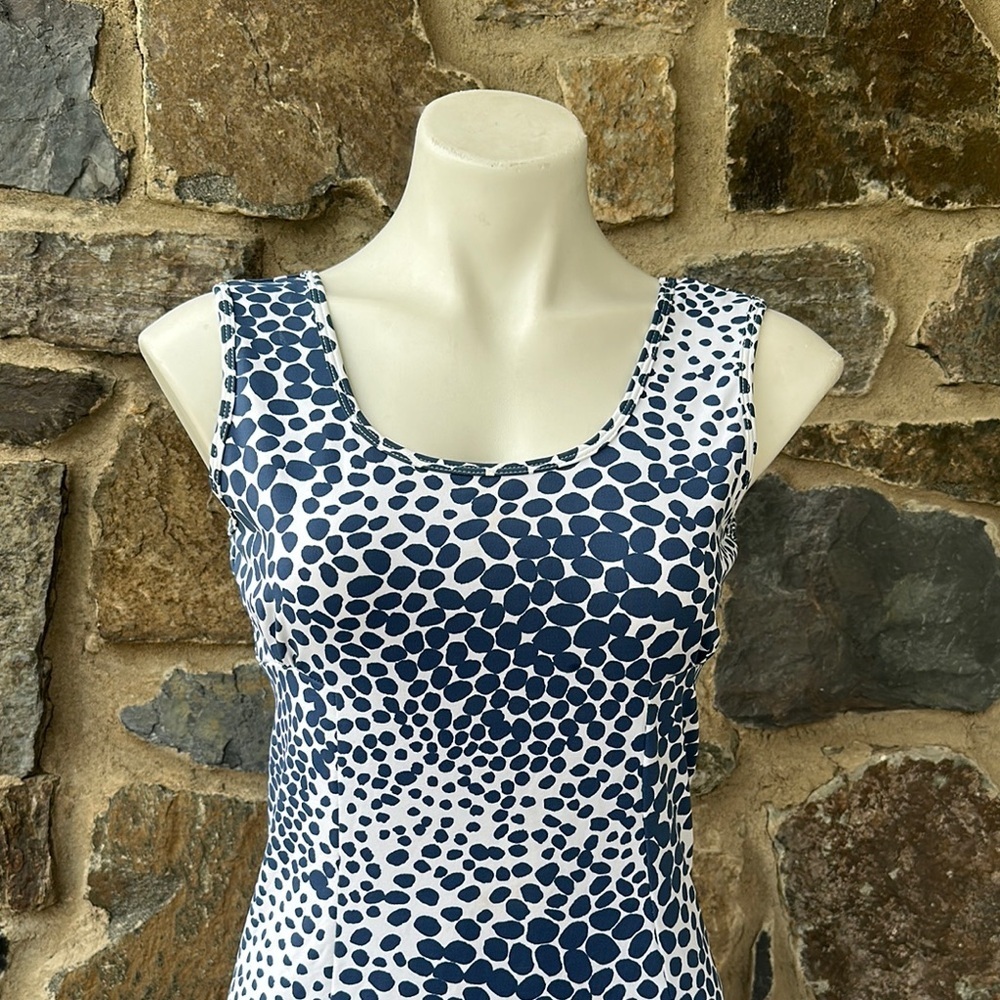 Mahi Gold Navy & White Polka Dot Sleeveless Fit & Flare Dress | Size S - Picture 2 of 8